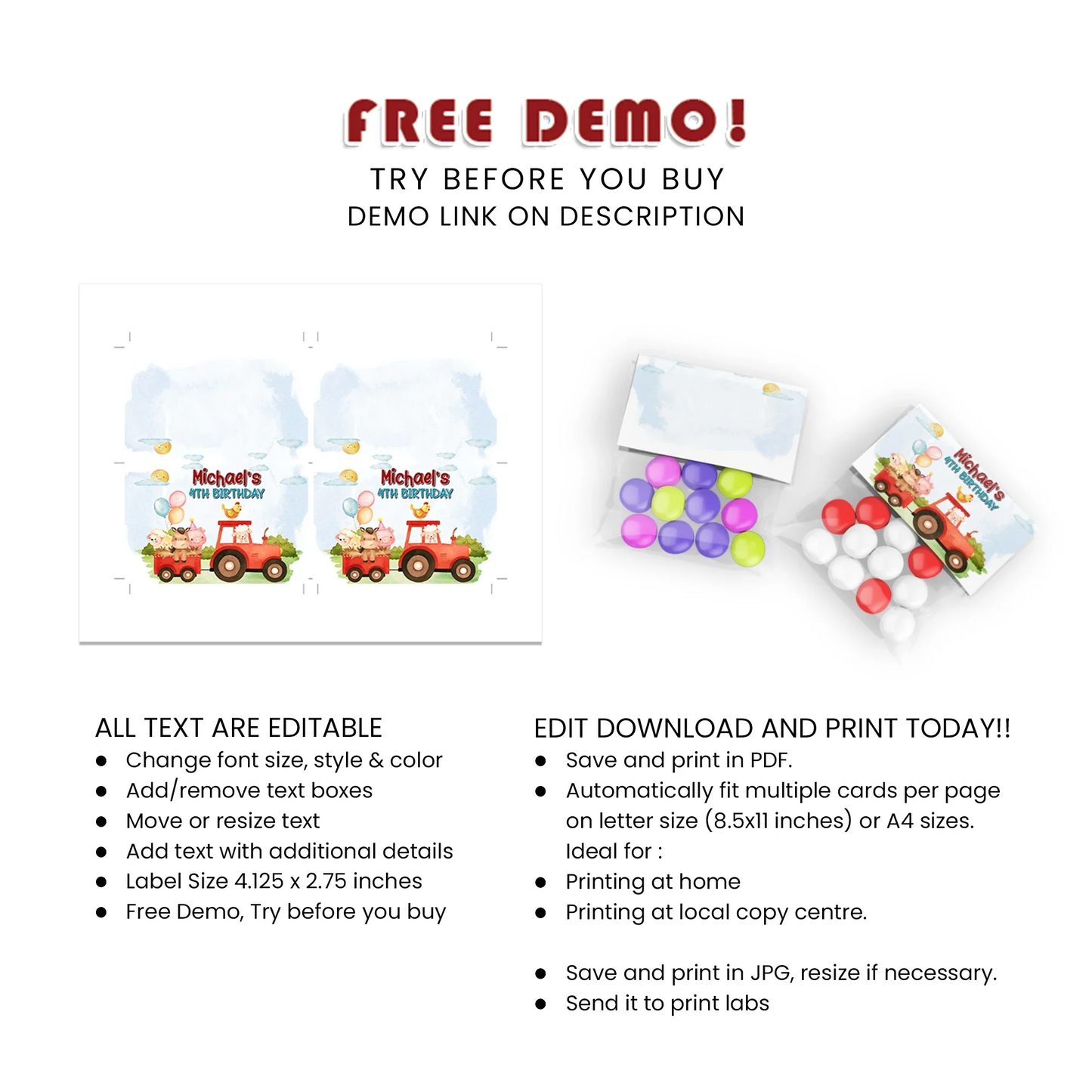 Farm Animals Theme Treat Bag Topper Label