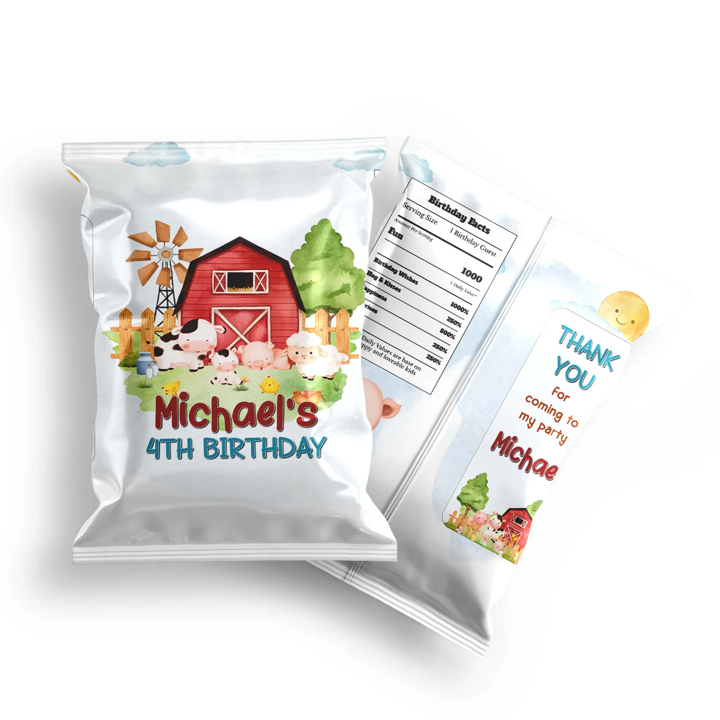 Farm animals theme chips bag label with playful farm animal graphics, full bag wrap style, pastel country colors on white background