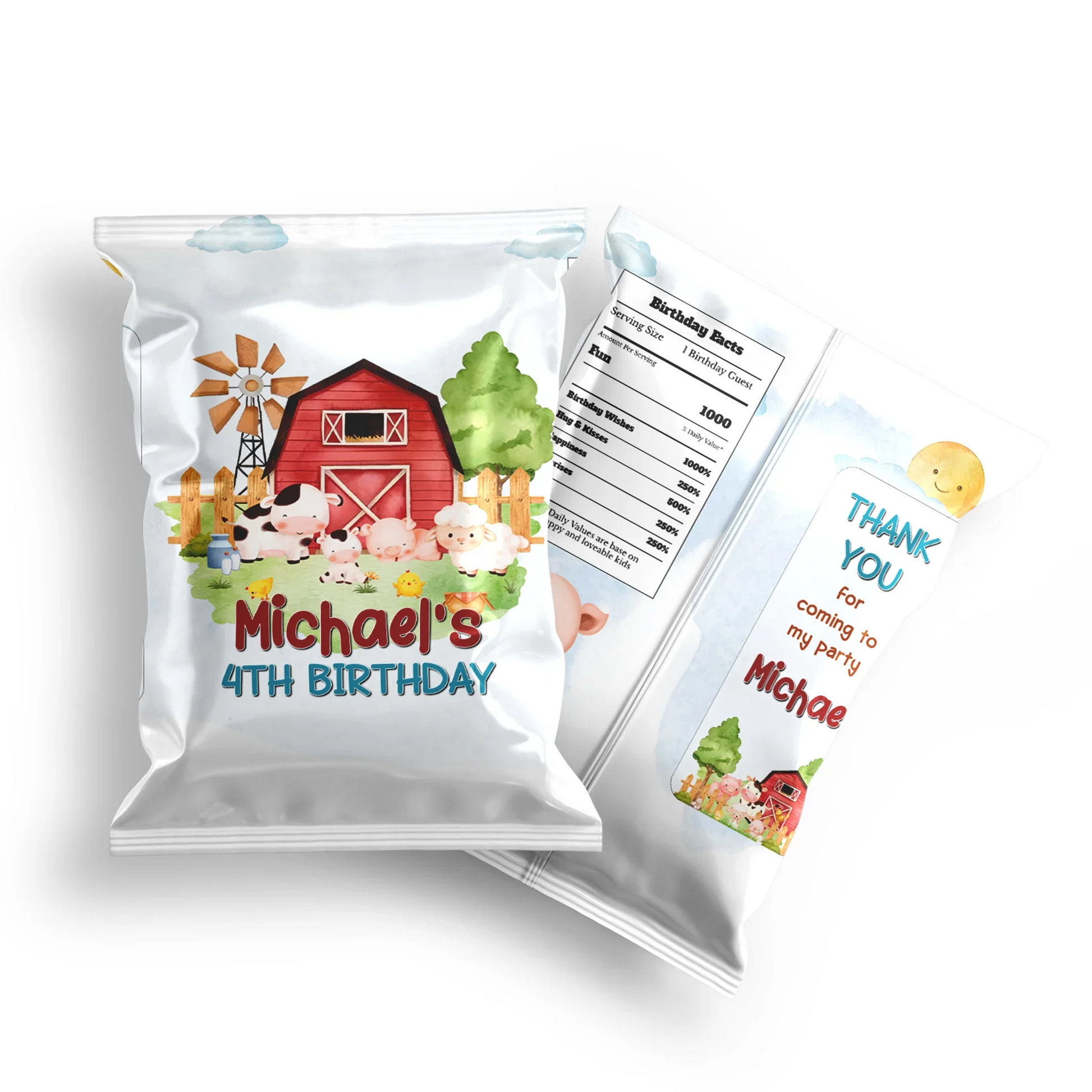 Farm animals theme chips bag label with playful farm animal graphics, full bag wrap style, pastel country colors on white background