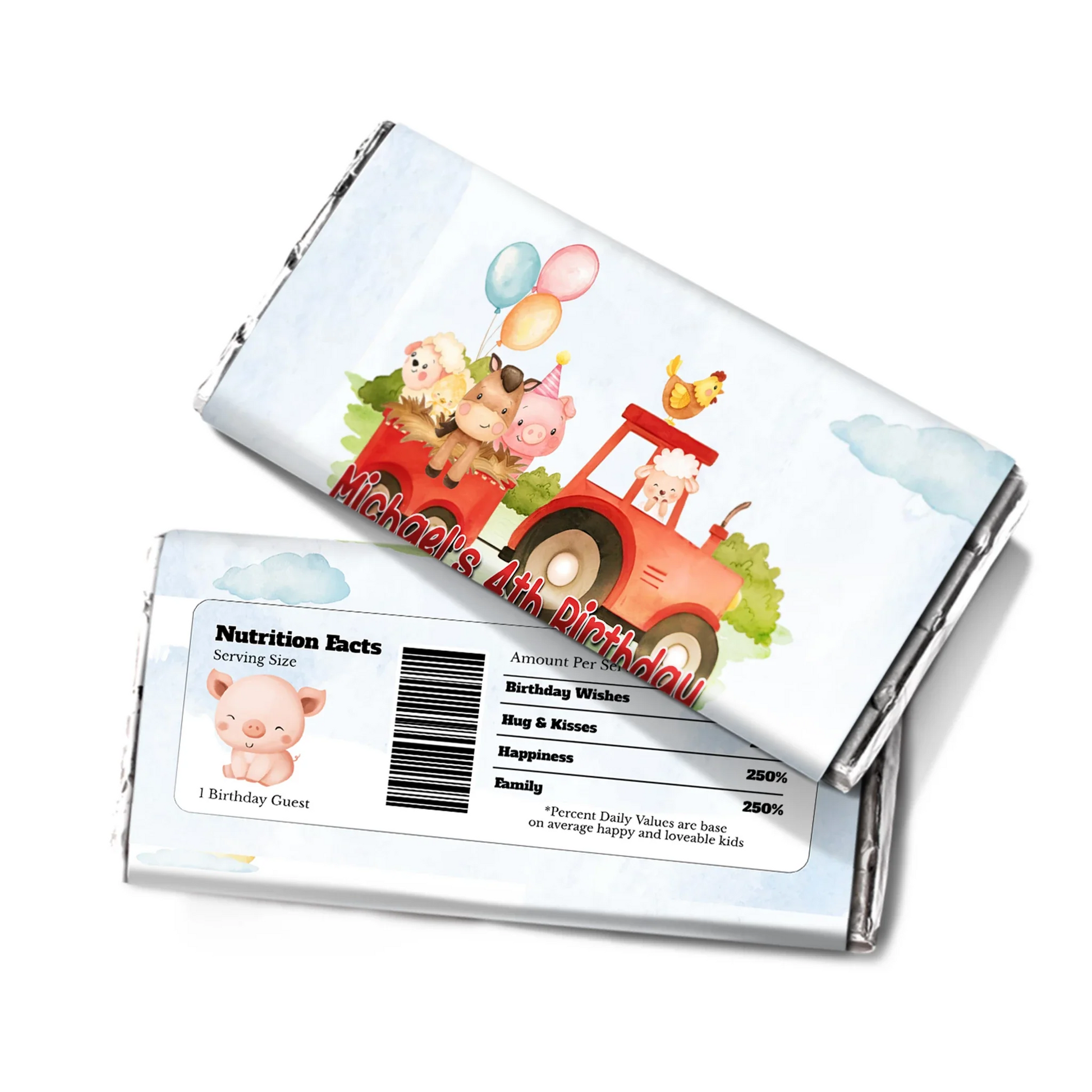 Farm animals theme chocolate label with barnyard illustrations, slim wrapper design, rustic neutral palette on white background