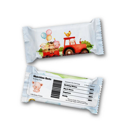 Farm animals theme Rice Krispies treats and candy bar labels with matching barnyard animals, coordinated rustic colors on white background