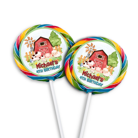 Farm animals theme lollipop label with cute farm animal faces, round sticker style, pastel farm colors on white background