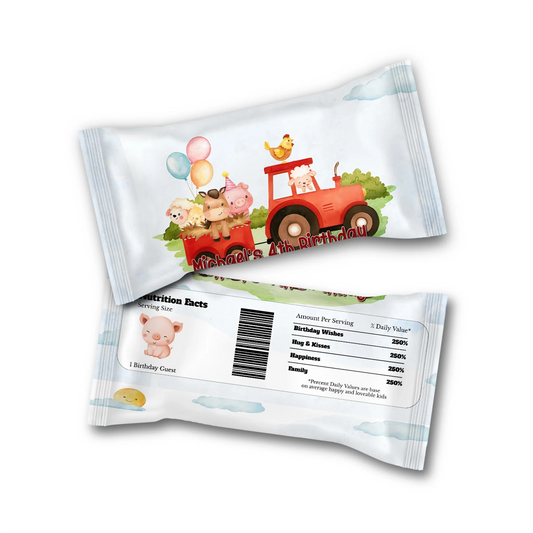 Farm animals theme Skittles label with playful barnyard illustrations, candy wrap layout, soft rustic tones on white background