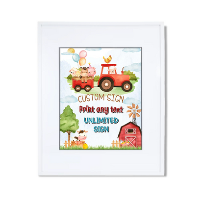 Farm animals theme custom sign with barnyard animals and personalized text, rustic farmhouse colors, poster mockup on white background