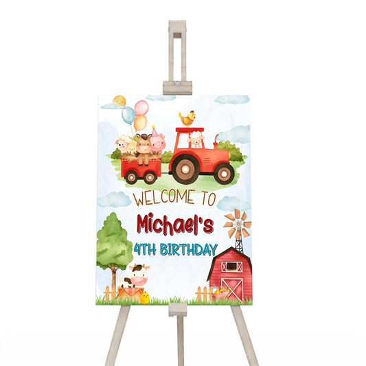 Farm animals theme welcome sign with friendly barnyard animals, vertical layout, neutral farm palette on white background
