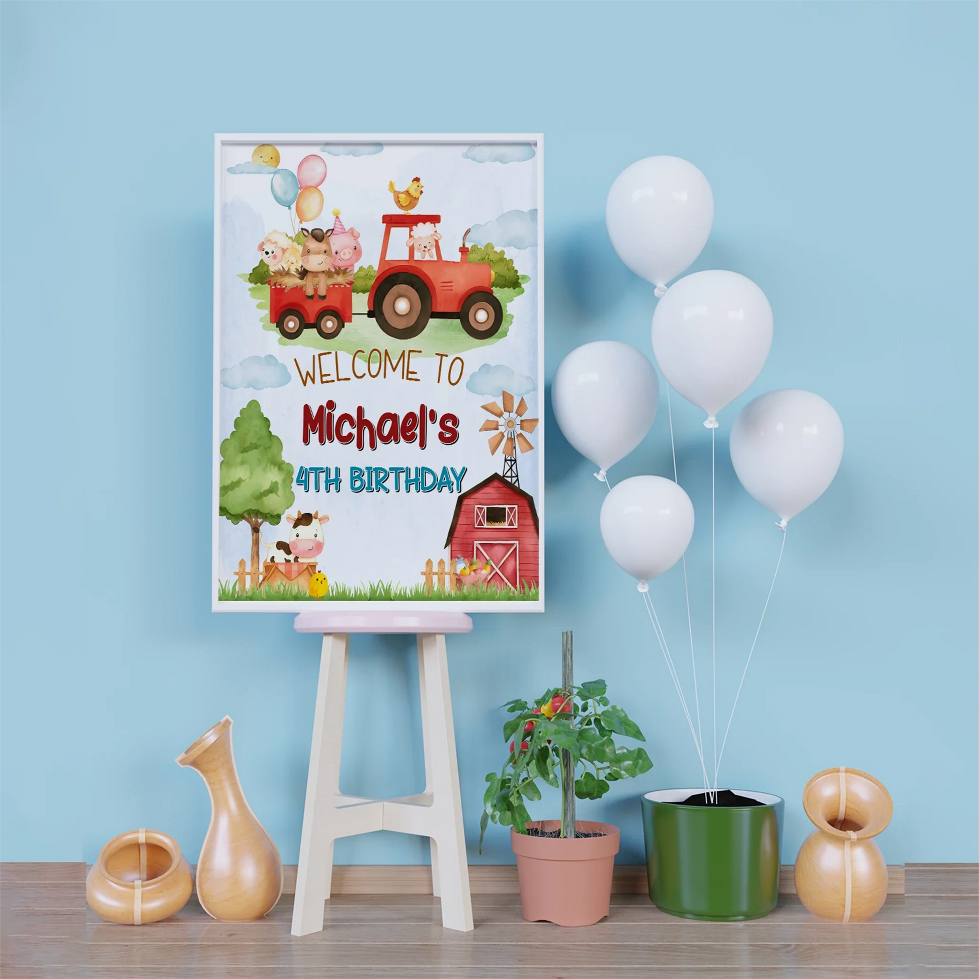 1st Birthday Birthday Decorations, Tracktor Party Supplies, Farm Animals Themed, Barn Yard Theme Digital Template, Editable Farm Animals Theme Image SVG PNG