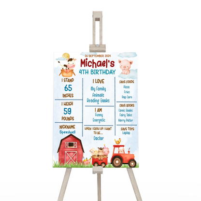 Farm animals theme milestone poster with farm animal illustrations, age highlight design, rustic pastel colors on white background