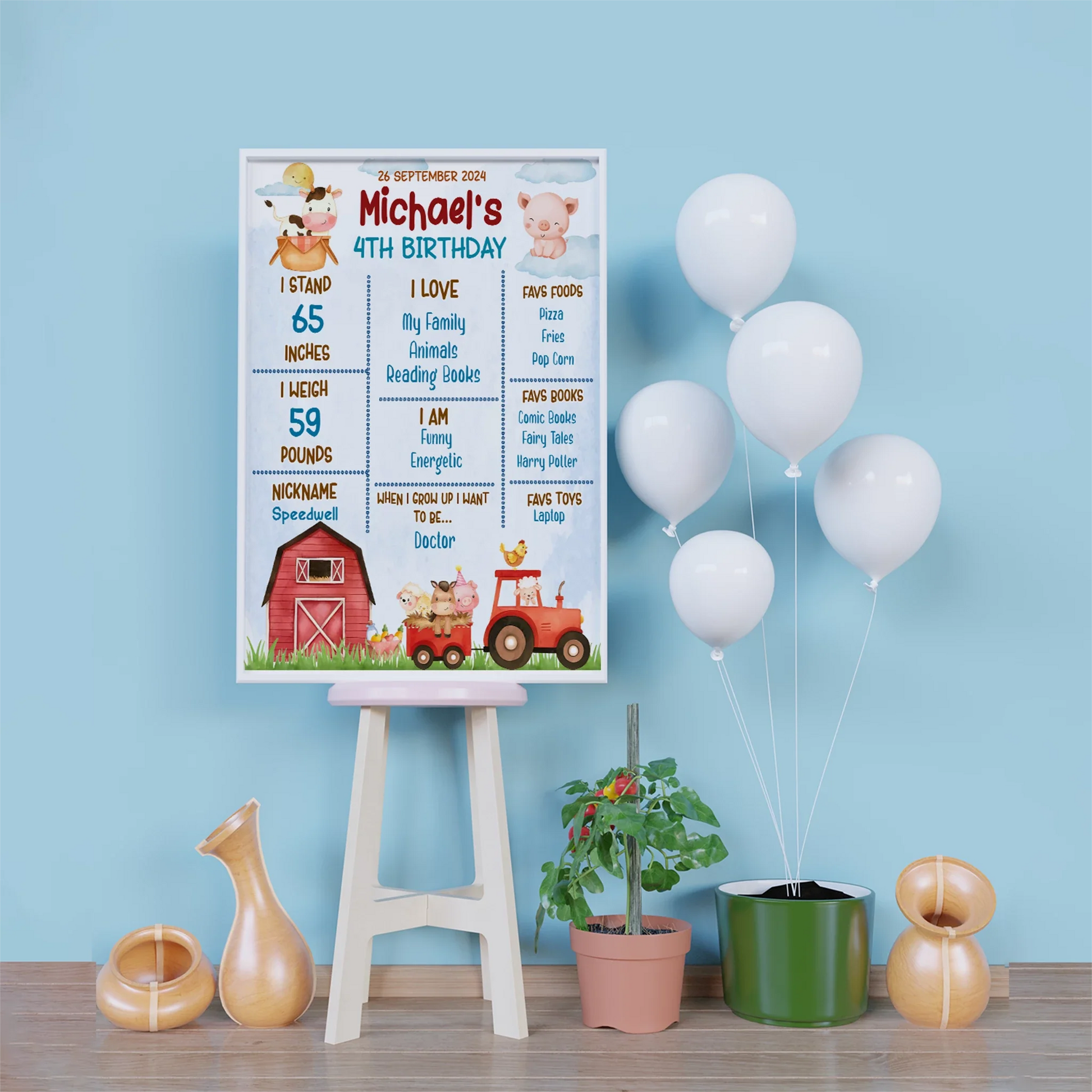 1st Birthday Birthday Decorations, Tracktor Party Supplies, Farm Animals Themed, Barn Yard Theme Digital Template, Editable Farm Animals Theme Image SVG PNG