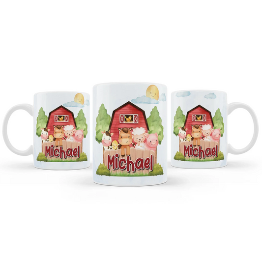 Farm animals theme sublimation mug with wraparound barnyard animal design, neutral farm colors, shown on white background