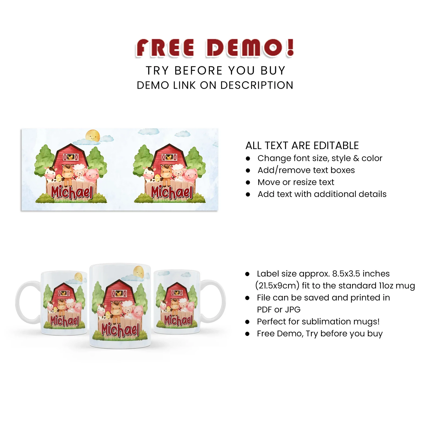 Farm Animals Theme Sublimation Mug Design