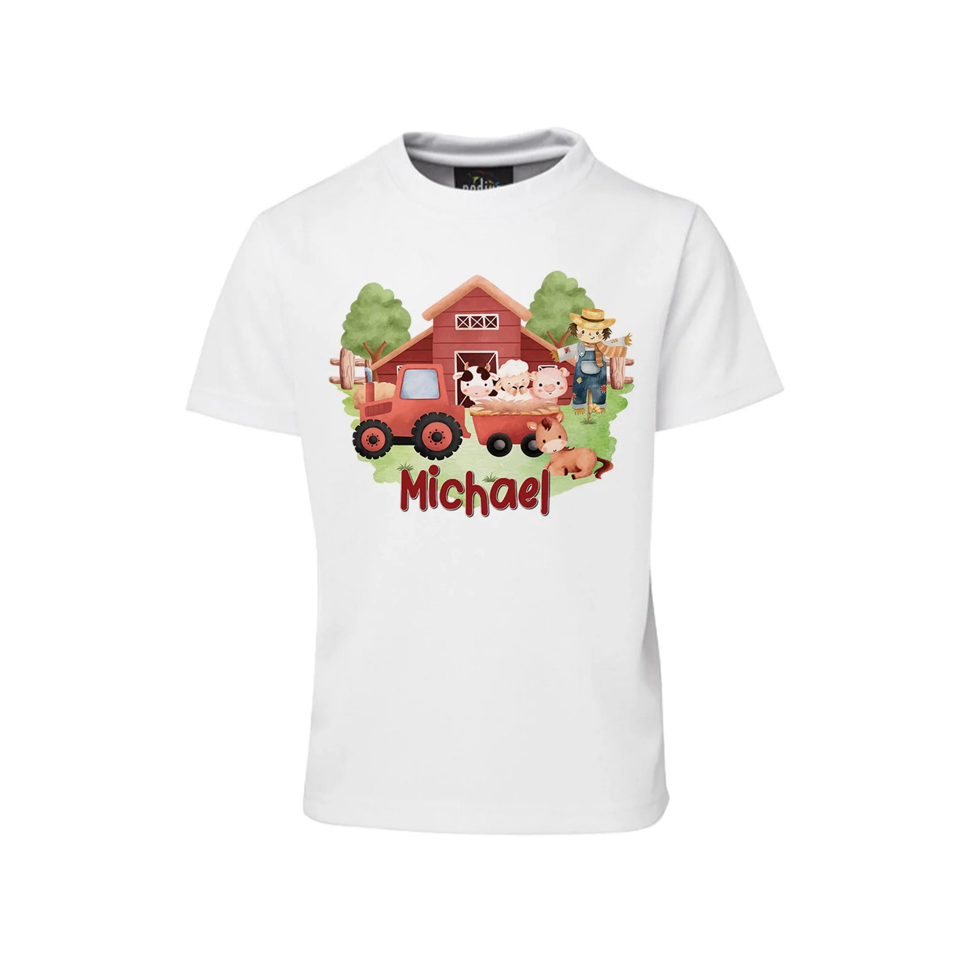 Farm animals theme sublimation t-shirt with barnyard animal graphic, neutral farmhouse colors, flat lay on white background