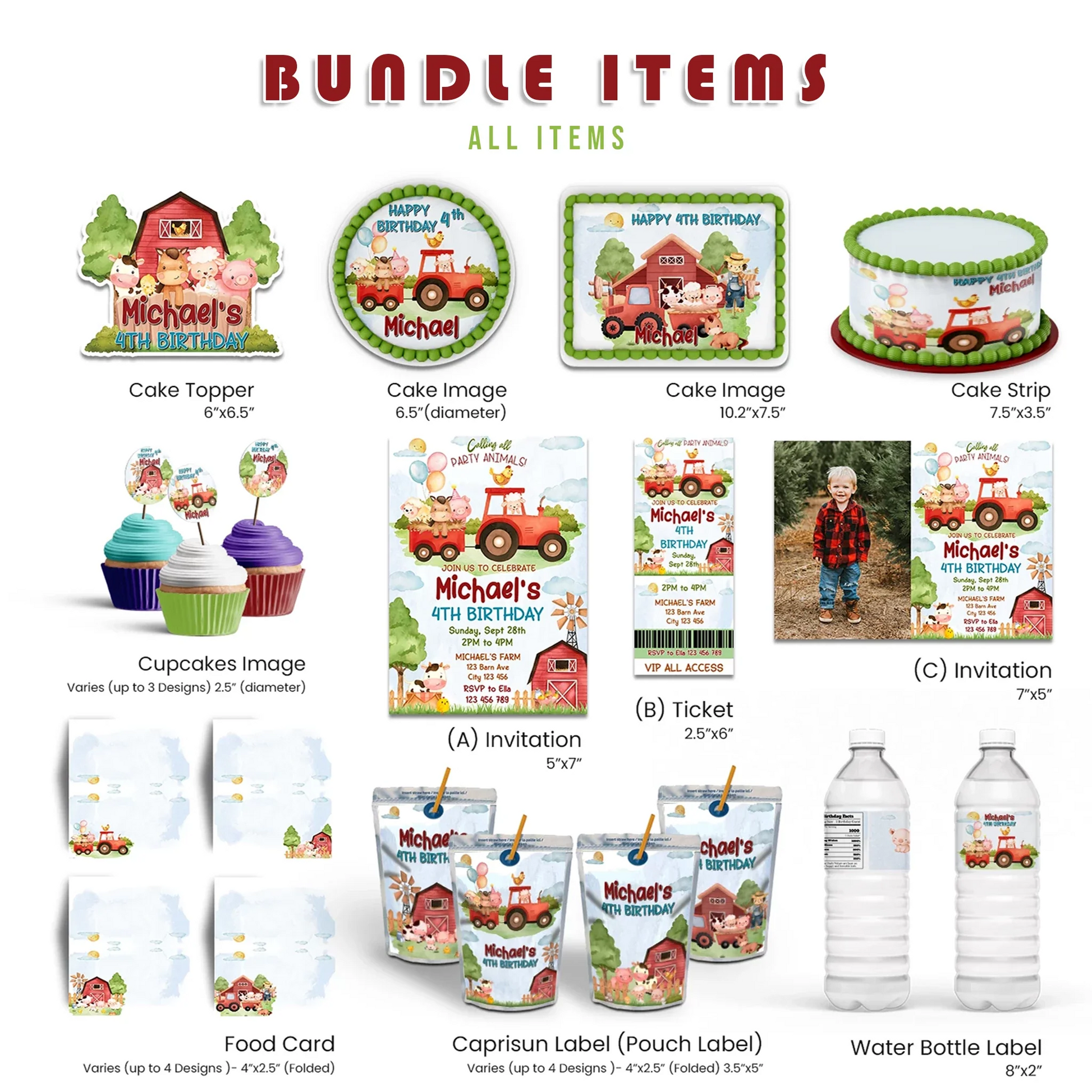 Farm animals theme personalized digital template party pack with barnyard animals, rustic colors, editable layouts, flat lay on white background