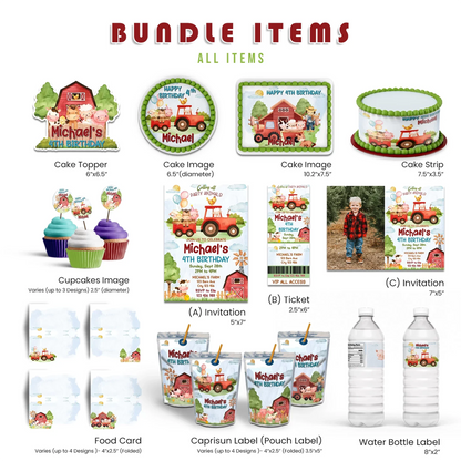 Farm animals theme personalized digital template party pack with barnyard animals, rustic colors, editable layouts, flat lay on white background