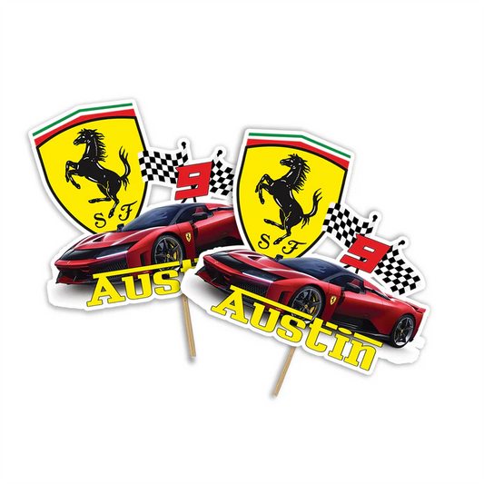 Ferrari cake toppers with race car graphics and name cutouts arranged on white background