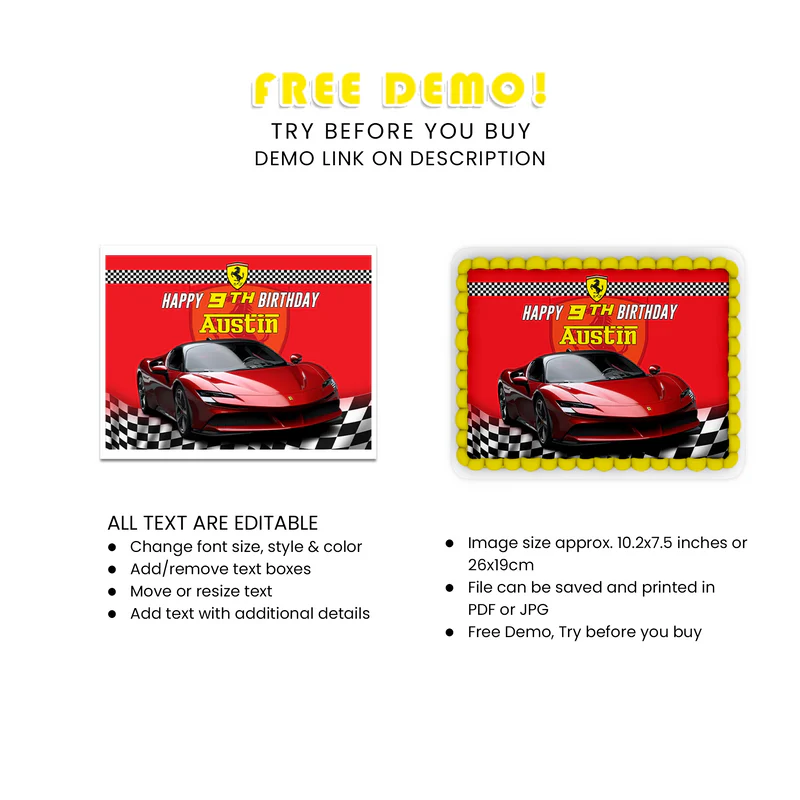 Ferrari Sheet Cake Topper Custom Edible Print for Celebrations