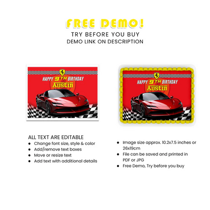 Ferrari Sheet Cake Topper Custom Edible Print for Celebrations
