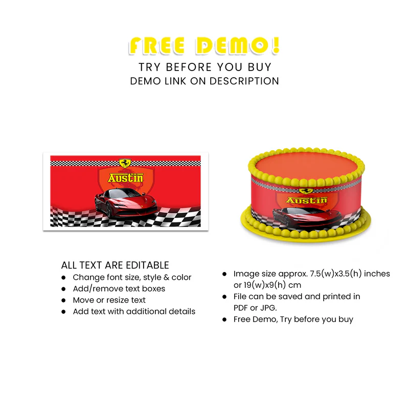 Ferrari Edible Cake Strips Custom Design for Birthday Cakes