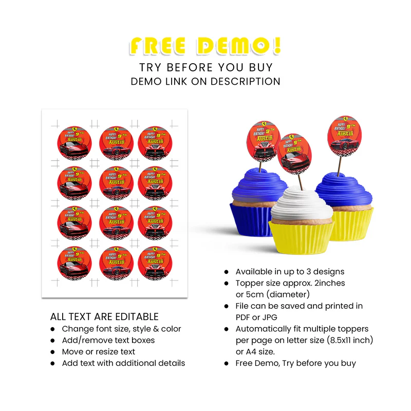Ferrari Cupcake Toppers Personalized Party Decor Set of 5