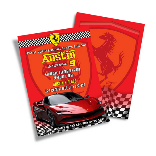 Ferrari birthday invitations with red racing theme and editable text laid flat on white surface