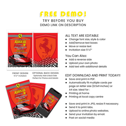 Ferrari Birthday Invitations Custom Printed Card Design
