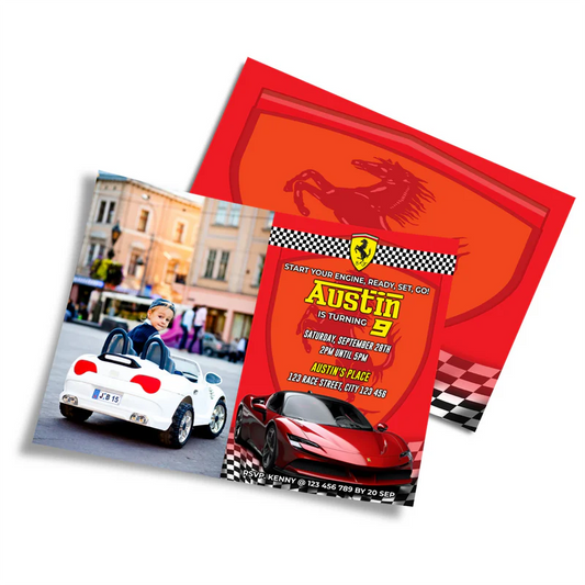 Ferrari photo card invitations with personal image frame in red race design flat layout