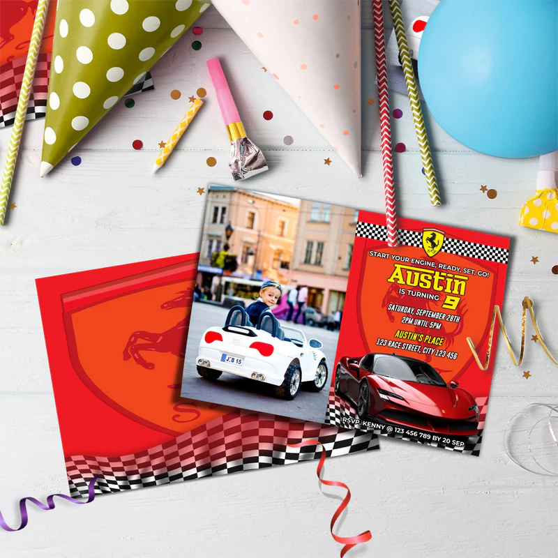 Ferrari Birthday Decorations, Red Ferrari Party Supplies, Sport Car Themed, Ferrari F1 Digital Template, Editable Ferrari Image SVG PNG