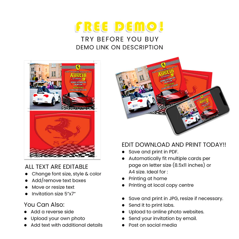 Ferrari Photo Invitations Personalized Party Card with Picture