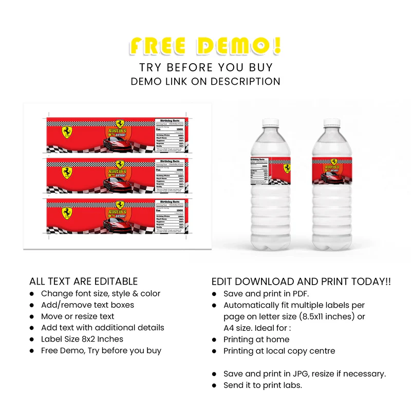 Ferrari Water Bottle Label Personalized Party Drink Wraps