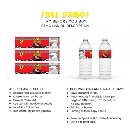 Ferrari Water Bottle Label Personalized Party Drink Wraps