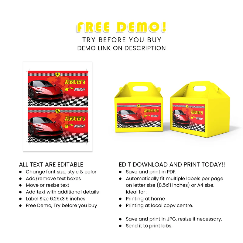 Ferrari Treat Box Label Personalized Snack Box Sticker Design
