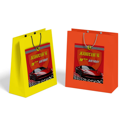 Ferrari goodie bag labels with black and red color scheme and editable party message on flat white background