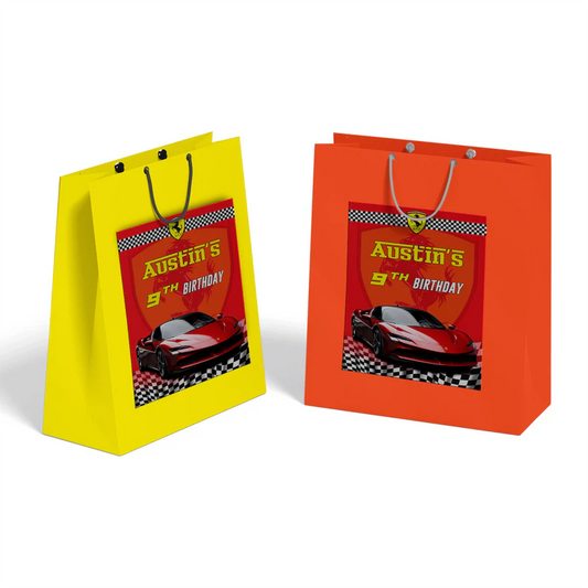 Ferrari goodie bag labels with black and red color scheme and editable party message on flat white background