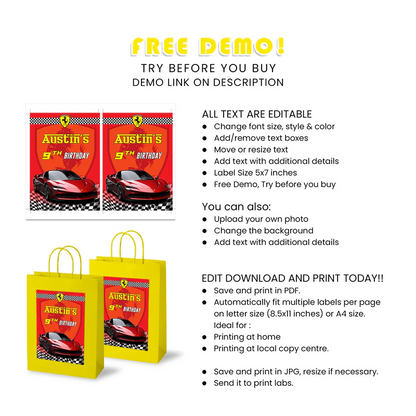 Ferrari Goodie Bag Label Personalized Party Favor Tags