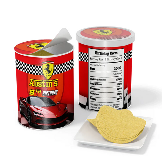 Ferrari small Pringles labels wrapped in red and yellow racing theme design laid flat on surface