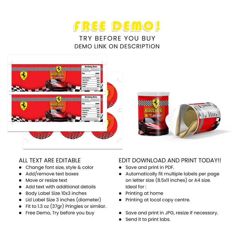 Ferrari Small Pringles Label Custom Can Wraps for Kids Party