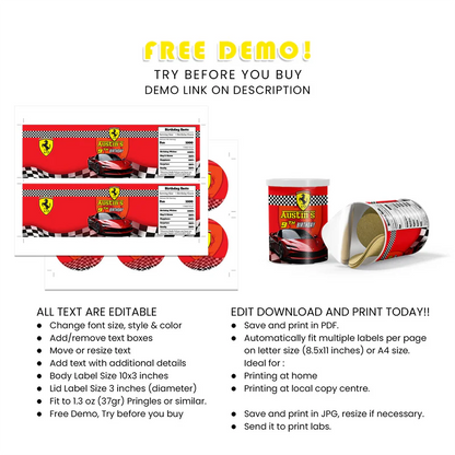 Ferrari Small Pringles Label Custom Can Wraps for Kids Party