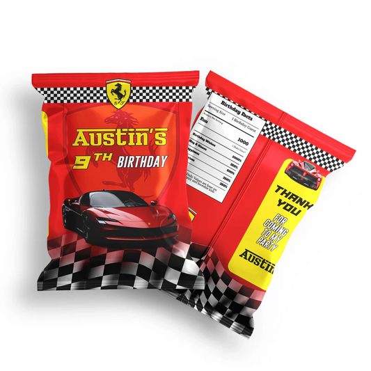 Ferrari chips bag label in bold red and black wraparound race style with editable birthday message