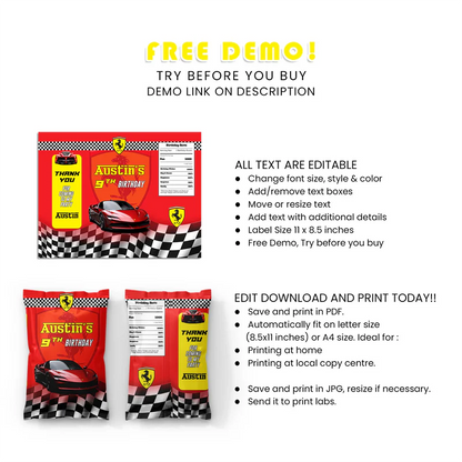 Ferrari Chips Bag Label Custom Printable Snack Wrap for Kids