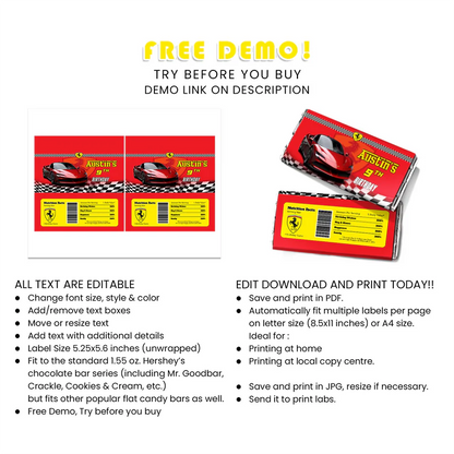 Ferrari Chocolate Label Personalized Candy Wrapper for Birthdays