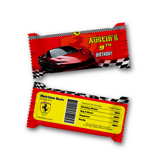 Ferrari candy bar and Rice Krispies treat labels in red theme with editable area stacked on light surface