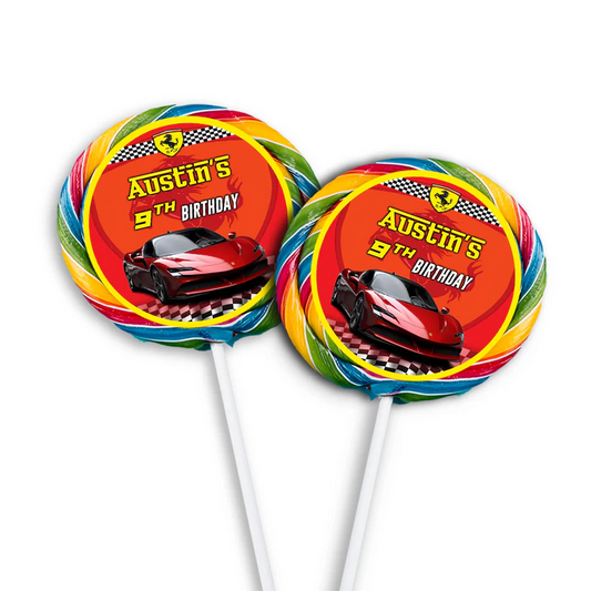 Ferrari lollipop label stickers in red race design with logo and editable text on circular sticker sheets