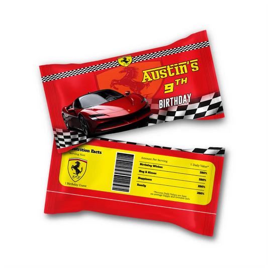 Ferrari Skittles label with race car theme and editable party name printed on small pouch wrap
