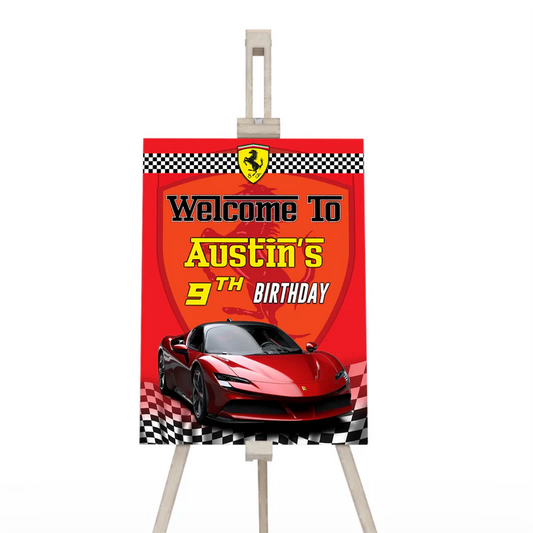 Ferrari welcome sign with checkered pattern and red racing graphics personalized with guest name