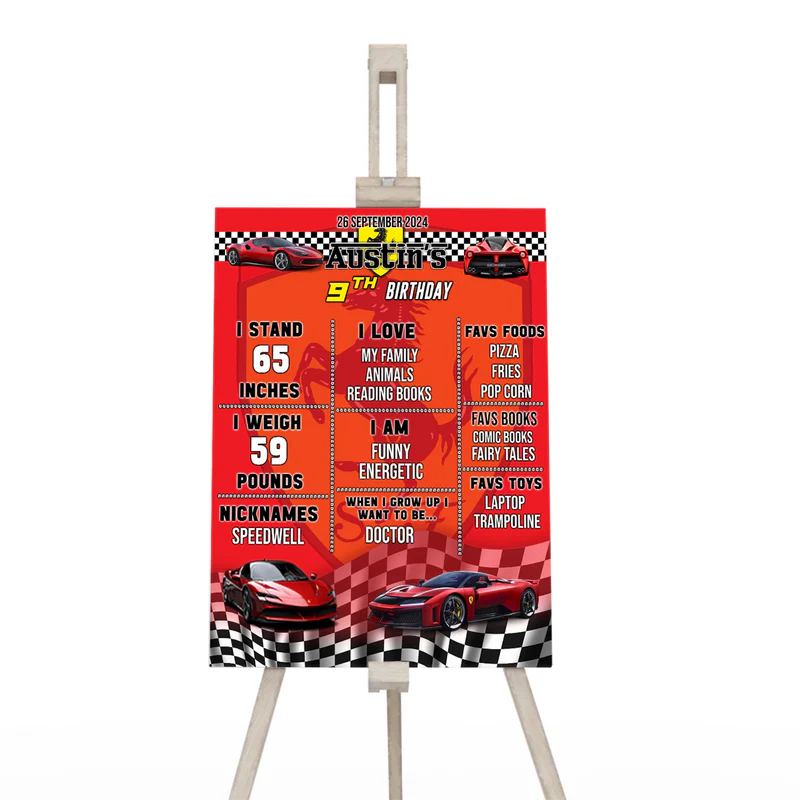 Ferrari milestone poster with race theme graphics showing age, hobbies, and facts in red and black print