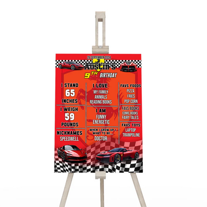 Ferrari milestone poster with race theme graphics showing age, hobbies, and facts in red and black print