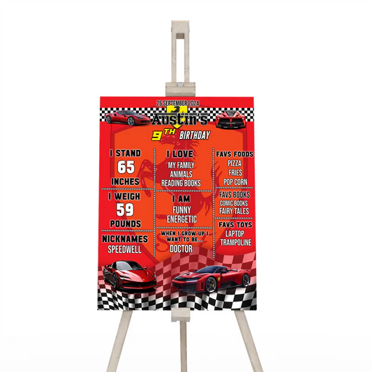 Ferrari milestone poster with race theme graphics showing age, hobbies, and facts in red and black print