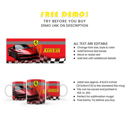 Ferrari Mug Sublimation Printed Gift Custom Name Option
