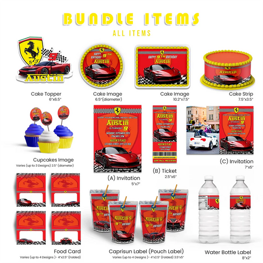 Ferrari party pack templates in red and black design flat lay on white background with editable birthday elements