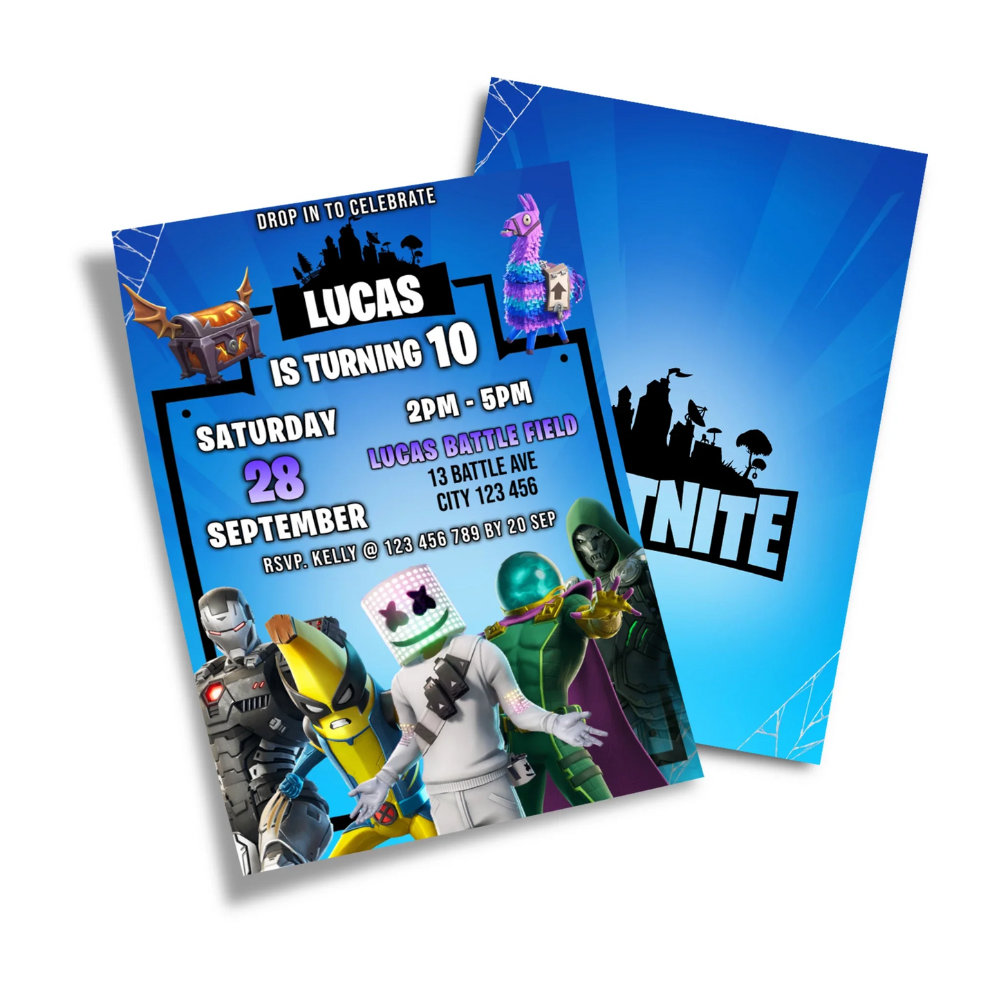 Fortnite Personalized Birthday Card Invitations with Custom Party details