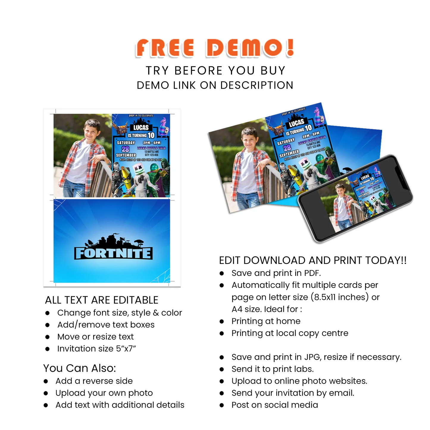 Fortnite Personalized Photo Card Invitations - Fortnite Themed Photo Invites